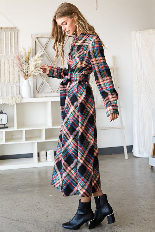 PLUS SIZE PLAID BELTED LONG SHIRT DRESS-3 COLORS