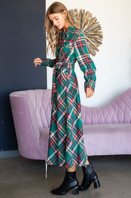 PLUS SIZE PLAID BELTED LONG SHIRT DRESS-3 COLORS