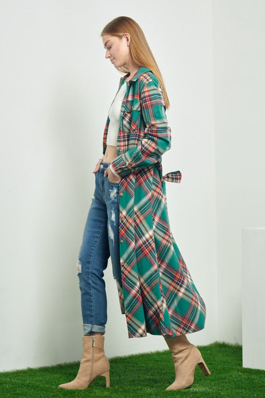 PLUS SIZE PLAID BELTED LONG SHIRT DRESS-3 COLORS