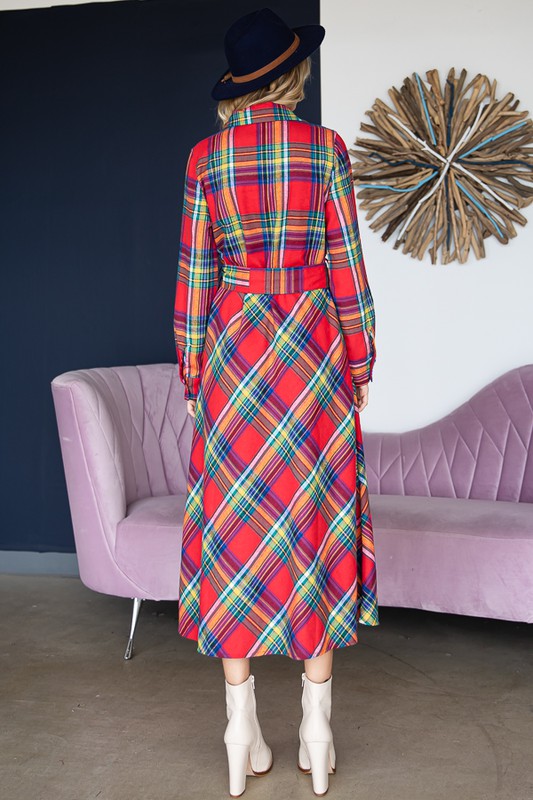 PLUS SIZE PLAID BELTED LONG SHIRT DRESS-3 COLORS