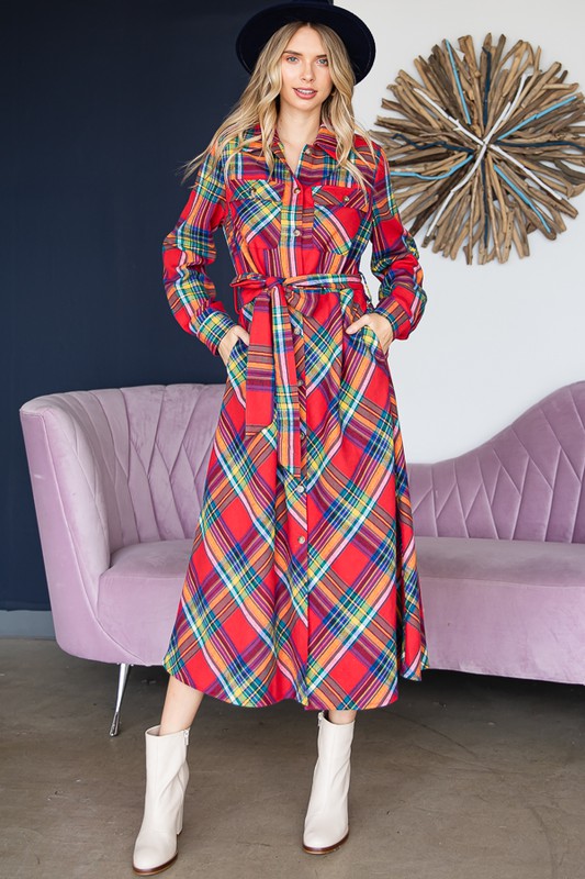 PLUS SIZE PLAID BELTED LONG SHIRT DRESS-3 COLORS