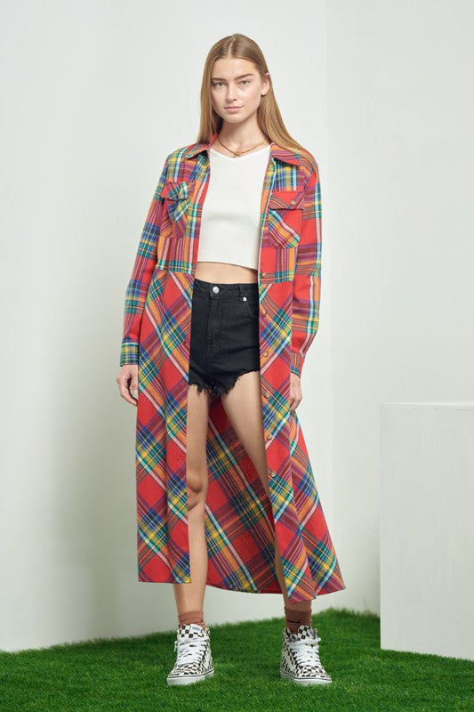 PLUS SIZE PLAID BELTED LONG SHIRT DRESS-3 COLORS