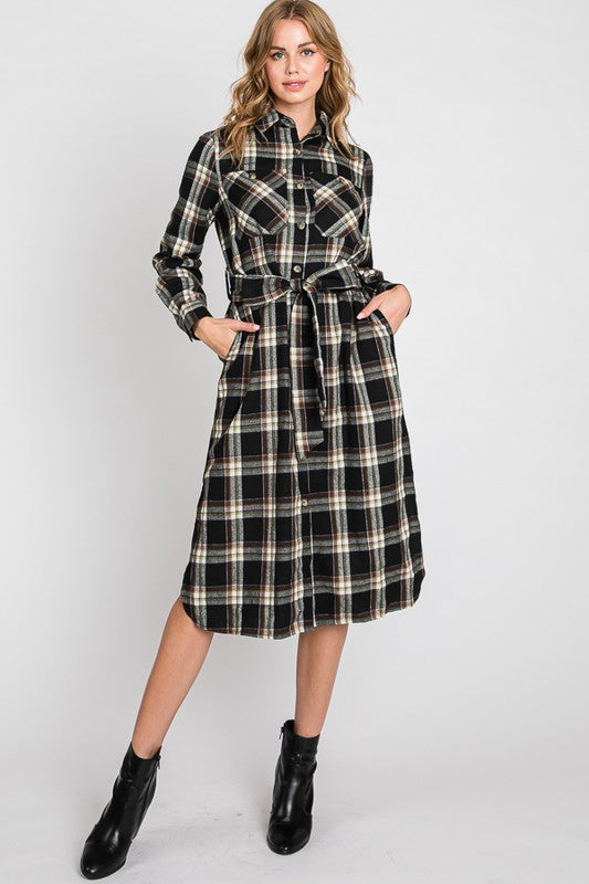 PLUS SIZE PLAID BELTED LONG SHIRT DRESS-3 COLORS