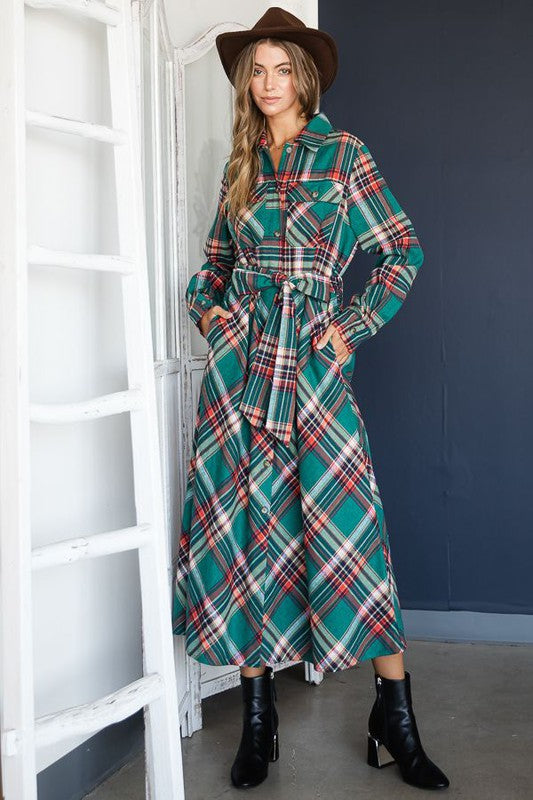 PLUS SIZE PLAID BELTED LONG SHIRT DRESS-3 COLORS