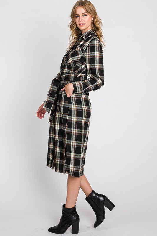 PLUS SIZE PLAID BELTED LONG SHIRT DRESS-3 COLORS