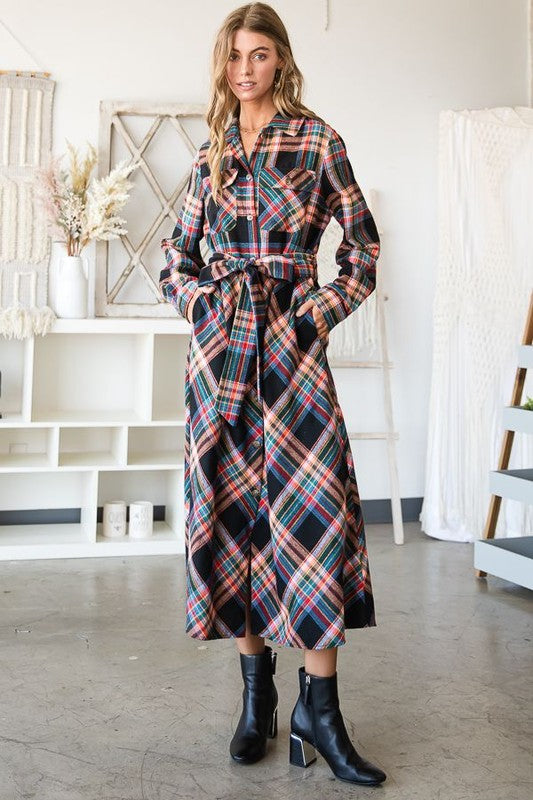PLUS SIZE PLAID BELTED LONG SHIRT DRESS-3 COLORS