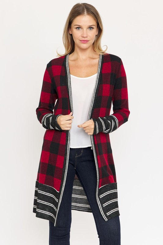 Long Buffalo Plaid Stripe Trim Open Cardigan-3 Colors