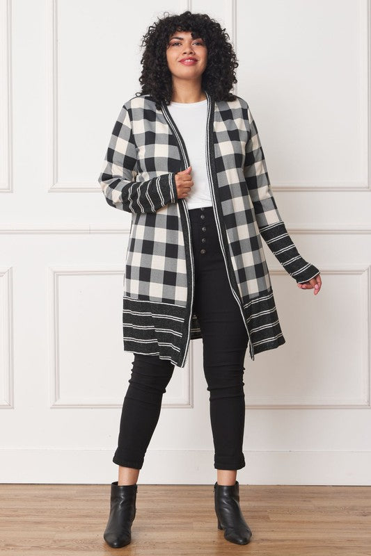 Long Buffalo Plaid Stripe Trim Open Cardigan-3 Colors