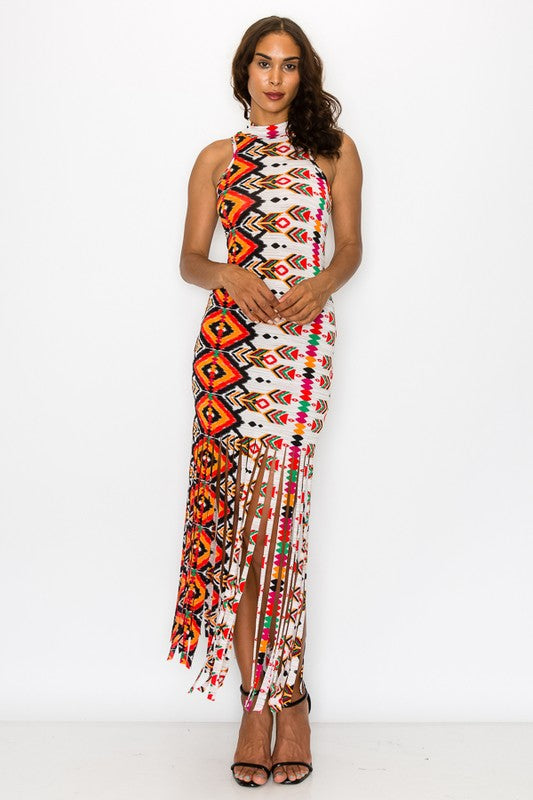 Printed Fringe Maxi Dress