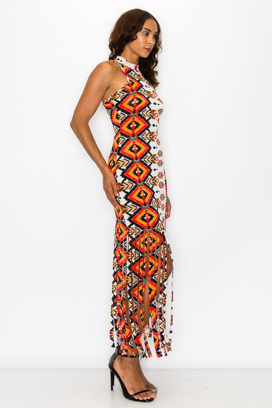Printed Fringe Maxi Dress