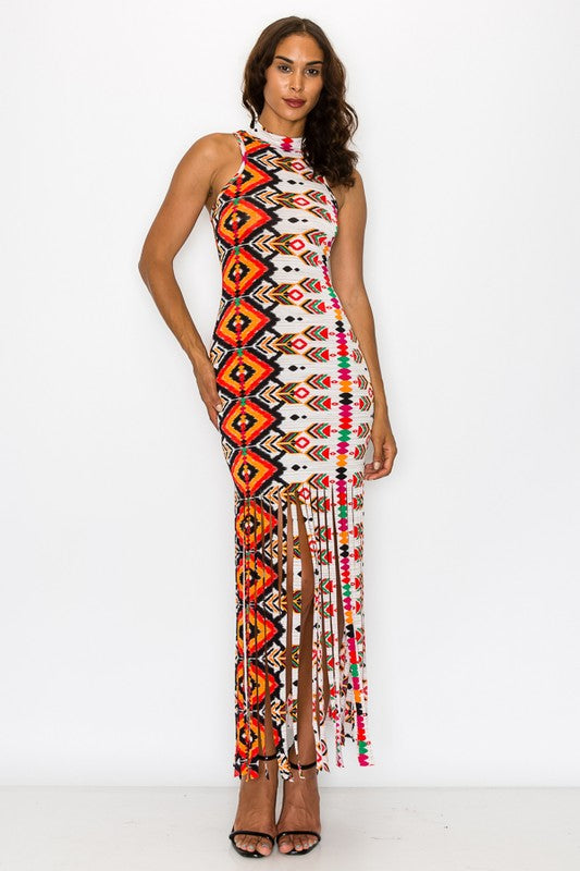 Printed Fringe Maxi Dress