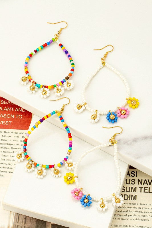 Seed Bead Daisy Charm Drop Hoop Earrings