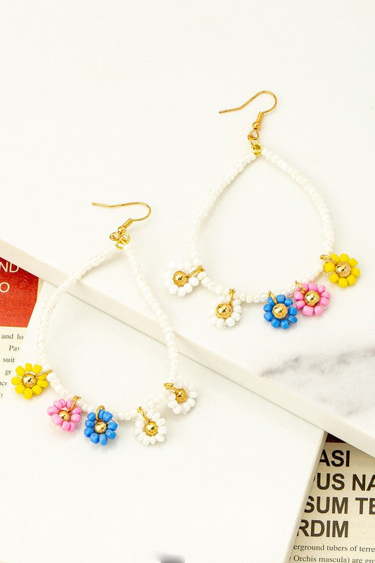 Seed Bead Daisy Charm Drop Hoop Earrings