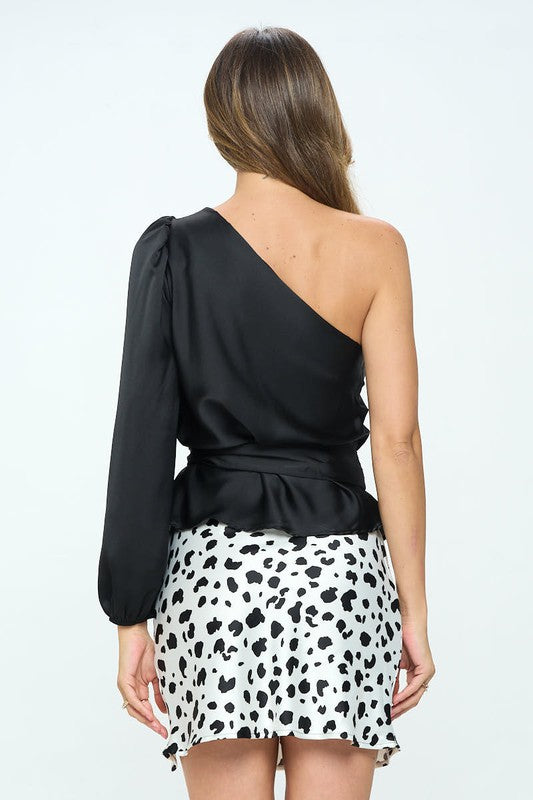 Renee C Stretch Satin One Shoulder Formal Top with Tie