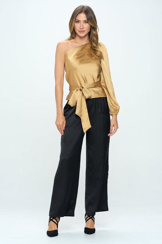 Renee C Stretch Satin One Shoulder Formal Top with Tie