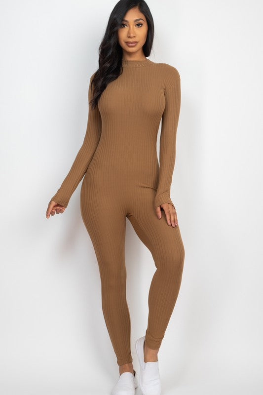 Ribbed Mock Neck Long Sleeve Casual Jumpsuit- 6 Colors