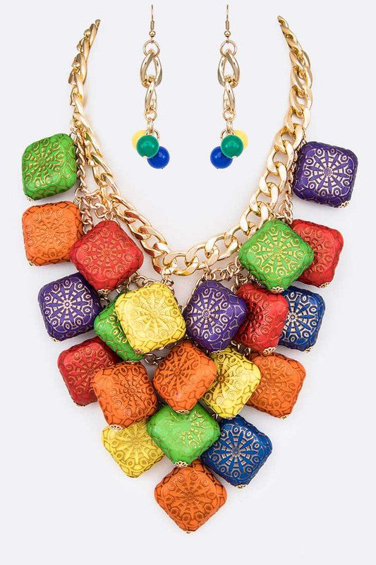 Textured Wooden Beads Statement Necklace Set- 4 Colors