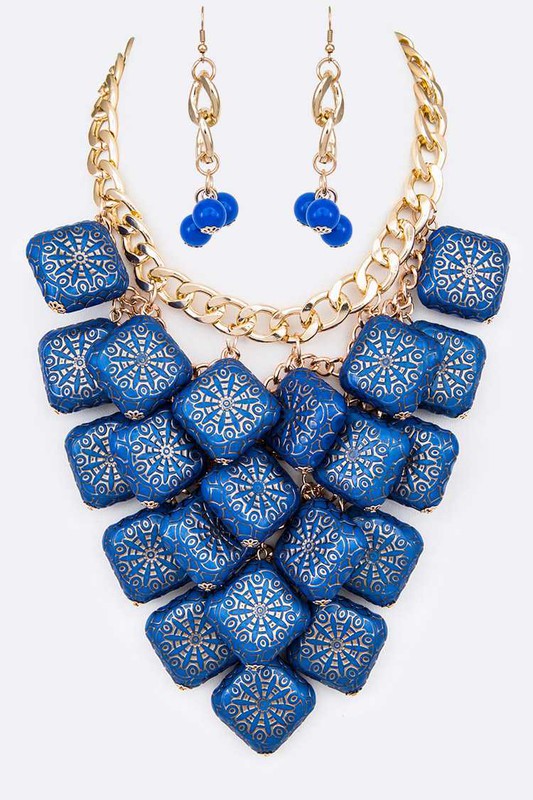 Textured Wooden Beads Statement Necklace Set- 4 Colors