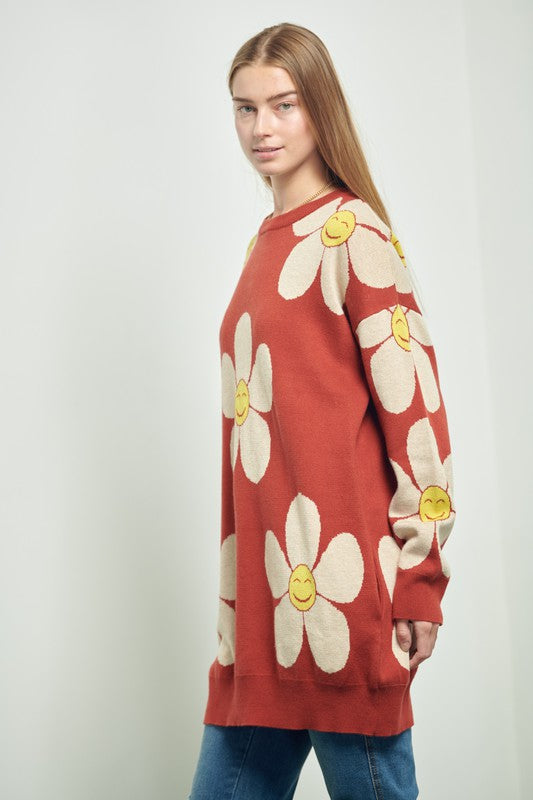HAPPY FACE FLORAL PRINT KNIT SWETAER DRESS-2 COLORS
