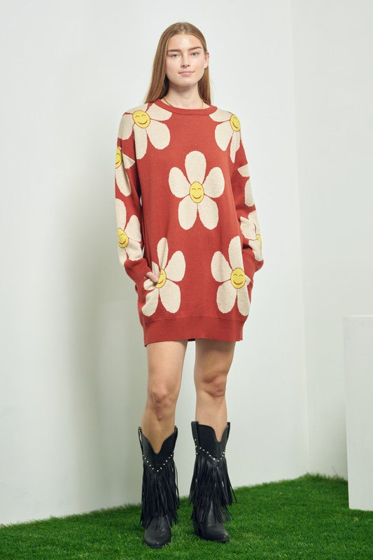 HAPPY FACE FLORAL PRINT KNIT SWETAER DRESS-2 COLORS