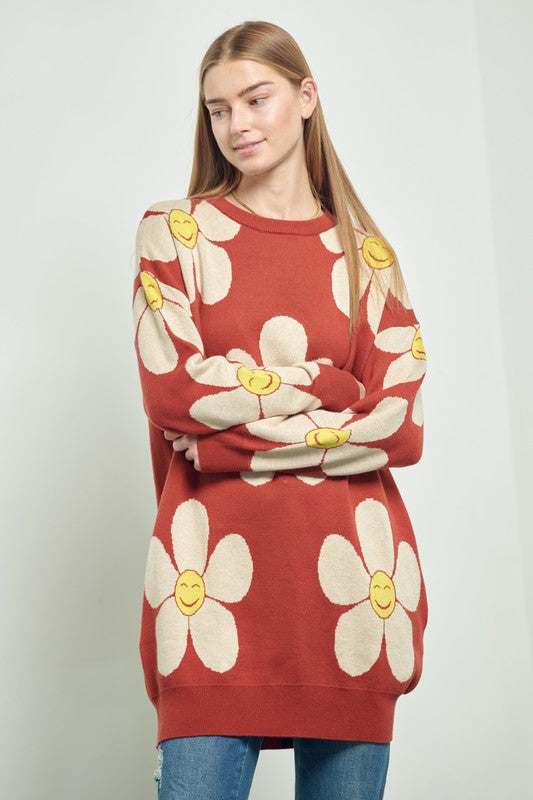 HAPPY FACE FLORAL PRINT KNIT SWETAER DRESS-2 COLORS