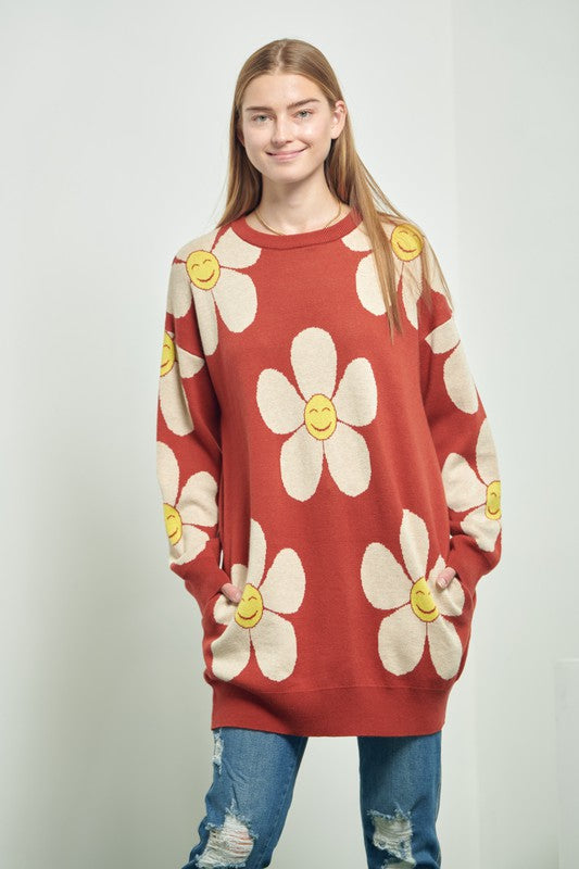 HAPPY FACE FLORAL PRINT KNIT SWETAER DRESS-2 COLORS