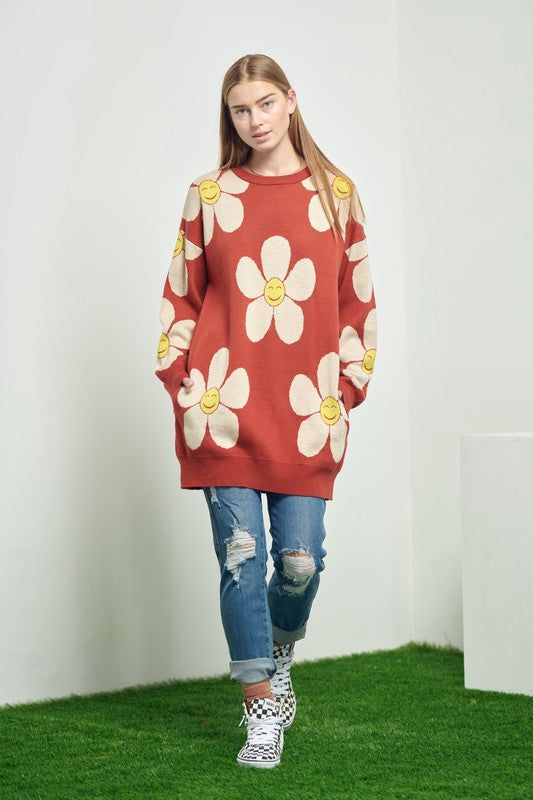 HAPPY FACE FLORAL PRINT KNIT SWETAER DRESS-2 COLORS