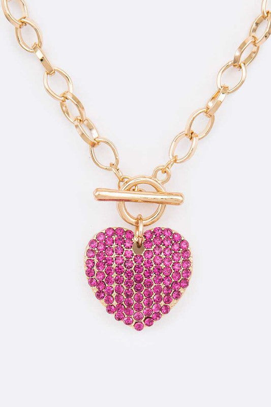 Crystal Heart Pendant Toggle Necklace Set- 3 Colors