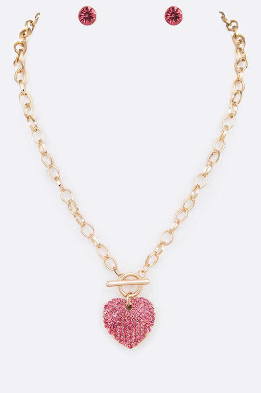 Crystal Heart Pendant Toggle Necklace Set- 3 Colors