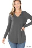 Long Sleeve V-Neck Round Hem Top- 3 Colors