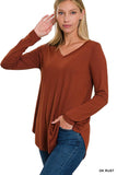 Long Sleeve V-Neck Round Hem Top- 3 Colors