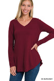 Long Sleeve V-Neck Round Hem Top- 3 Colors