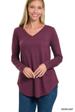 Long Sleeve V-Neck Round Hem Top- 3 Colors