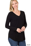 Long Sleeve V-Neck Round Hem Top- 3 Colors