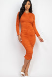 Ruched Long Sleeve Midi Dress-6 Colors