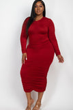 Curvy Plus Size Ruched Long Sleeve Midi Dress- 5 Colors