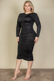 Curvy Plus Size Ruched Long Sleeve Midi Dress-5 Colors