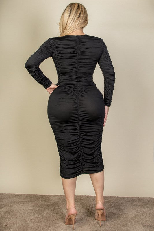 Curvy Plus Size Ruched Long Sleeve Midi Dress-5 Colors