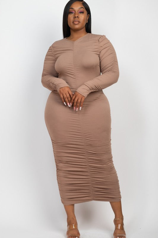 Curvy Plus Size Ruched Long Sleeve Midi Dress-5 Colors