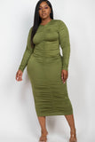 Curvy Plus Size Ruched Long Sleeve Midi Dress-5 Colors