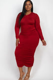 Curvy Plus Size Ruched Long Sleeve Midi Dress-5 Colors