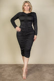 Curvy Plus Size Ruched Long Sleeve Midi Dress-5 Colors