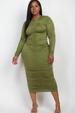 Curvy Plus Size Ruched Long Sleeve Midi Dress- 5 Colors