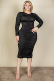 Curvy Plus Size Ruched Long Sleeve Midi Dress-5 Colors