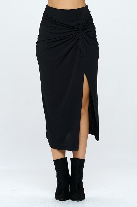 Renee C Made in USA Midi Skirt with Front Knot and Slit
