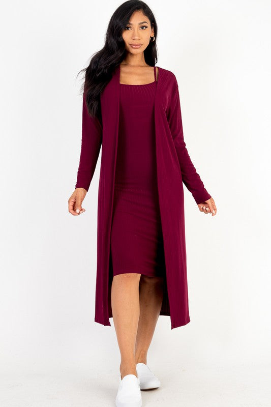 Ribbed Cardigan & Cami Midi Bodycon Dress- 14 Colors
