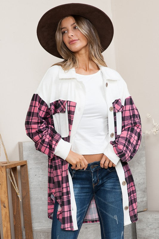 Pink Plaid Oversized Mixed Media Knit Shacket
