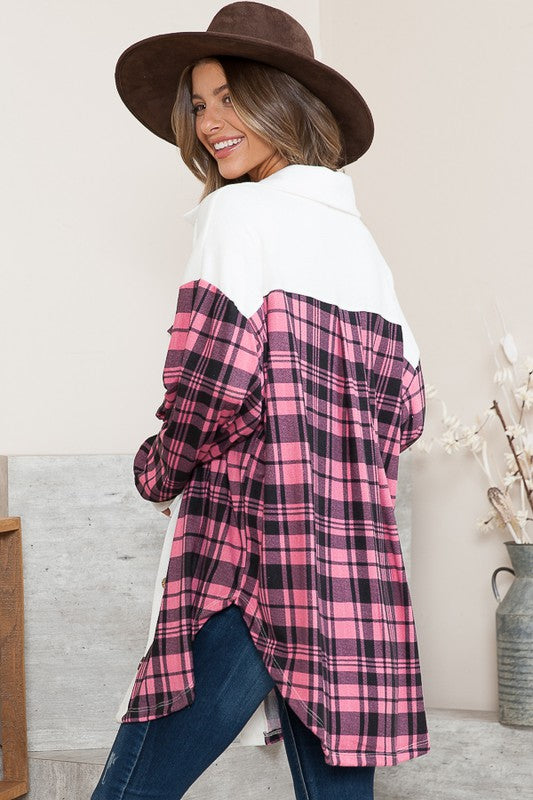 Pink Plaid Oversized Mixed Media Knit Shacket