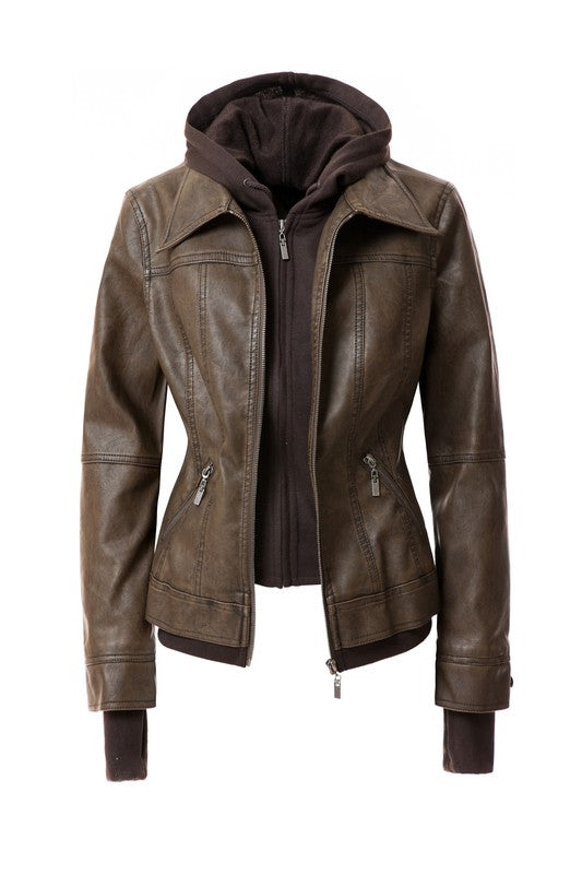 Women's Hood PU Leather Jacket- 4 Colors