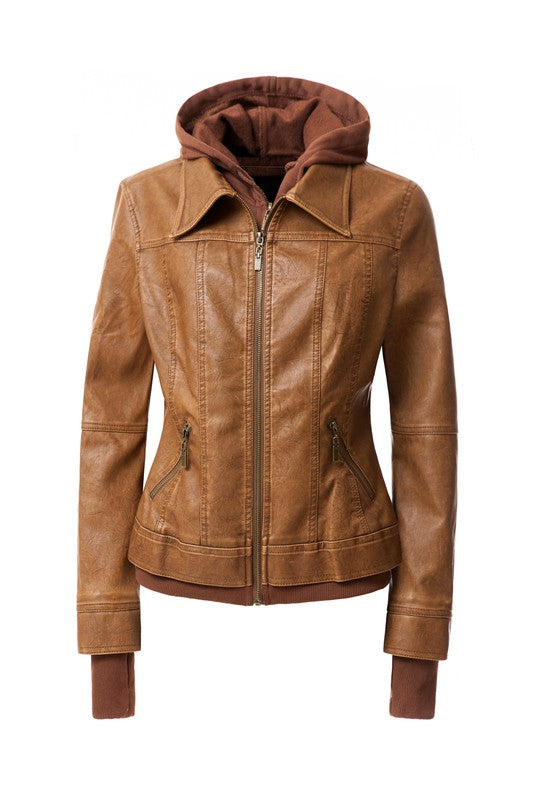 Women's Hood PU Leather Jacket- 4 Colors